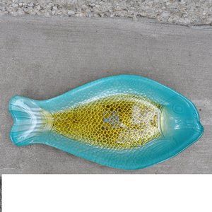 Three Hands hand painted blue gold art glass fish dish plate (367w)